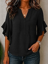  Mulheres Blusa Textura Frufru Patchwork Côr Sólida Elegante 3/4 de Manga Decote V Tops longos Casual Diário Branco Preto Vinho Azul Céu Roxo Verão Primavera