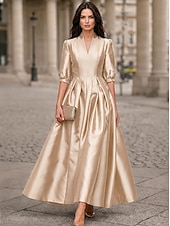 abordables Vestidos de cóctel-Corte A Hasta el Tobillo Vestidos de coctel Elegante Diario Media Manga Escote en Pico Boda Formal Tafetán Tejido elástico con Plisado