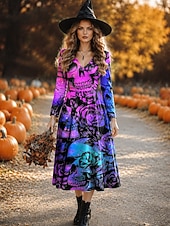  Halloween Γυναικεία Μίντι φόρεμα Φόρεμα σε γραμμή Α Διακοπές Καθημερινό Κανονικό Γραφική Νεκροκεφαλές Μακρυμάνικο Λαιμόκοψη V Μαύρο Βυσσινί Φθινόπωρο Χειμώνας