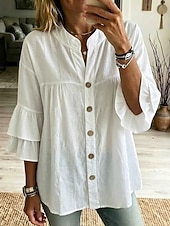  Mulheres Blusa Frufru Tecido à moda Casual Sem Manga Colarinho Chinês Tops regulares Casual Diário Branco Amarelo Rosa Verde Verão Primavera