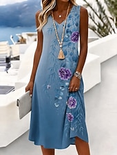  Women's Midi Dress Sundress A Line Dress Off The Shoulder Dress Vacation Beach Holiday Regular Fit Floral Graphic Sleeveless V Neck Blue Yellow Purple Summer Spring