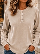 economico T-shirt semplice-Per donna Camicia a nido d'ape Cotone lavato Pullover Tinta unica Casual Manica Lunga Henry Collar Top Regolari Casuale Nero Verde scuro Mattone rosso Blu scuro Beige Autunno Inverno