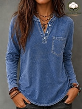  Women's 100% Cotton Henley Shirt Solid Color Vintage Fashion Stylish Long Sleeve Crew Neck Long Tops Casual Beach Blue Purple Orange Spring Fall Winter