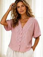  Per donna Blusa Pizzo Semplice Elegante Casual Manica Corta Scollo a V Top Regolari Casuale Quotidiano Bianco Rosa Verde Estate Primavera