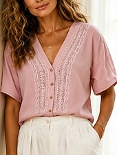  Per donna Blusa Pizzo Semplice Elegante Casual Manica Corta Scollo a V Top Regolari Casuale Quotidiano Bianco Rosa Verde Estate Primavera