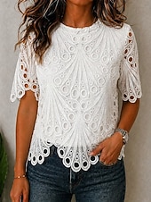 Mulheres Tops de renda Textura Patchwork Com Corte Elegante Manga 3/4 Gola Redonda Casual Branco Verão Primavera Outono