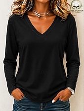  Dames 100% Katoen T-shirt Modern Casual Ademend Lange mouw V-hals Normale tops Casual Dagelijks Uitgaan Wit Zwart Int Blauw Licht Paars Rode roos Lente