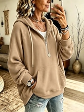  Damen Kapuzenshirts Cordhemd Kordelzug Reißverschluss Lässig Langarm Mit Kapuze Normale Oberteile Lässig Weiß Khaki Schwarz Himmelblau Grau Herbst Winter