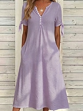 baratos Vestidos de renda branca-Mulheres Vestido midi Vestido Boho Vestido A Line Vestido de verão vestido plissado Elegante Moda Moderno Casual Diário Ao ar livre Ajuste Largo Tecido Manga Curta Decote V Azul Branco Roxo Verão
