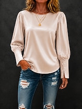  Women's Satin Top Satin Blouse Elegant Fashion Work Long Sleeve Crew Neck Regular Tops Casual Champagne Wine Brown Spring