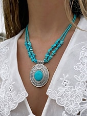 levne Dámský náhrdelník-Dámský kulatý náhrdelník s přívěskem v boho stylu, slitina &amp;Tyrkysový korálkový náhrdelník, modrohnědé šperky ve vintage stylu na dovolenou na pláži, festival, párty, cestování &amp;denní nošení
