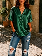  Women's Satin Top Satin Blouse Solid Color Plain Daily Work Short Sleeve Shirt Collar Long Tops Casual White Black Champagne Dark Green Summer Fall