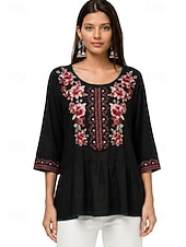 cheap Artisan Embroidery tops-Women's Embroidered Tunic Shirts 100% Cotton Boho Shirt Floral Elegant Bohemia Vacation 3/4 Length Sleeve Crew Neck Long Tops Casual Black Summer Spring Fall Winter