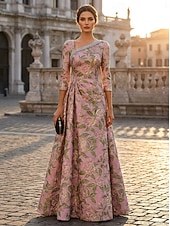 economico Abiti da Sera a Linea A-Linea ad A Lunghezza al pavimento Abito Formale Abito da Sera Elegante Floreale Madre della sposa Manica 3/4 Scollo a Barca Festa serale Matrimonio Jacquard Shiena scoperta con Strass Pieghe Perline