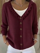 economico Cardigan Pieno-Cardigan da donna con scollo a V e volant, abbottonatura frontale - maglione casual in morbida maglia