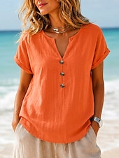  Per donna Camicia Estiva Bottoni Vacanza Manica Corta Manica a pipistrello Collo a V Casuale Bianco Rosso Arancione Blu scuro Estate Primavera