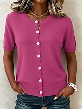  Per donna Cardigan Maglione a maglia Elegante Quotidiano A Coste Girocollo Bottoni Maniche Corte Top lunghi Maglia Lavoro Ferie Nero Fucsia Estate Autunno