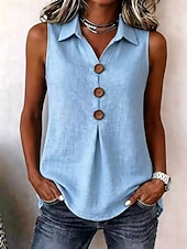  Women's 100% Cotton Blouse Pleated Buttons Solid Color Plain Daily Casual Sleeveless V Neck Regular Tops Casual Daily Blue White Summer Spring Fall