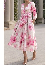 baratos Vestidos de Cocktail-Linha A Até o Tornozelo Longuette Vestido floral Vestidos de cocktail Elegante Floral Semi-formal / Coquetel Manga 3/4 Decote V Festa de Jardim Casamento Organza Jacquard com Estampa floral Pregas