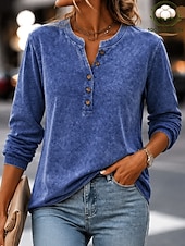  Damskie Koszula Henley Mycie kwasem Pranie w stylu vintage Graficzny Równina Zabytkowe Moda Elegancki Bez rękawów Krótki rękaw Długi rękaw Henley Zwykłe topy Codzienny Plaża Niebieski Rumiany r