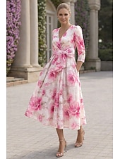 baratos Vestidos de Cocktail-Linha A Até o Tornozelo Longuette Vestido floral Vestidos de cocktail Elegante Floral Semi-formal / Coquetel Manga 3/4 Decote V Festa de Jardim Casamento Organza Jacquard com Estampa floral Pregas