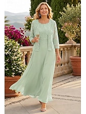 preiswerte Mamas Kleidersets-Zweiteilig A-Linie Bodenlang Kleid für Hochzeitsgäste Brautmutterkleid Dreiviertelarm U-Boot-Ausschnitt Elegant Einfach Minimalistisch Formell Hochzeitsgast Chiffon mit Spitze