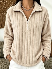  Damen-Sweatshirt, kuscheliger, gestreifter Fleece-Pullover – warmes Damen-Top mit Viertelreißverschluss und Stehkragen