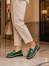 billiga Lätta damskor-mörkgröna damloafers i lackkonstläder - eleganta horsebit slip-on-skor med låg sula för daglig kontorspendling, professionella arbetskläder