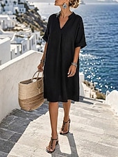  Per donna Abito al ginocchio 100% cotone Vintage Quotidiano Vacanza Vestibilità comoda Semplice Mezza Manica Scollo a V Nero Verde Verde militare Estate Primavera