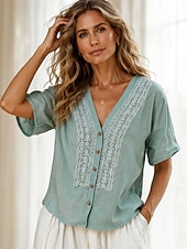  Per donna Blusa Pizzo Semplice Elegante Casual Manica Corta Scollo a V Top Regolari Casuale Quotidiano Bianco Rosa Verde Estate Primavera