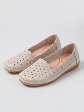 cheap Women's Flats-Women's Pink Floral Perforated Slip-On Shoes, Breathable Hollow Cutout Flat Shoes with Scalloped Edge, Soft Cushioned Insole &amp; Flexible Anti-Slip Sole for Countryside Strolls, Shopping &amp; Daily Leisure