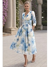 baratos Vestidos de Cocktail-Linha A Até o Tornozelo Longuette Vestido floral Vestidos de cocktail Elegante Floral Semi-formal / Coquetel Manga 3/4 Decote V Festa de Jardim Casamento Organza Jacquard com Estampa floral Pregas