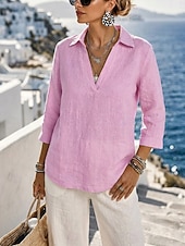  Per donna Cotone lavato Camicia di lino Testurizzato Vintage Manica 3/4 Colletto a Camicia Bianco Nero Rosa Primavera, Autunno, Inverno, Estate