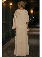 baratos Comprimento do chão-Linha A Vestidos Longo Vestido Para Mãe dos Noivos Meia Manga Scoop pescoço Elegante Vintage Luxuoso Formal Convidado do casamento Semi formal Chiffon Renda Xales com Miçangas Apliques Babados em