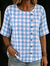  Blusa feminina azul e branca xadrez vichy, gola redonda, botões assimétricos, manga curta, modelagem solta, respirável, estilo casual de verão.
