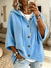  Cardigan da donna blu con bottoni, maglione casual a maniche lunghe con cappuccio e tasche