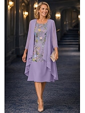 ieftine Seturi de rochii pentru mama-Două Piese Linia -A Lungimea ceaiului Rochie Mama Miresei Lungime Manșon 3/4 Manșon Jumate Scoateți gâtul Elegant Simplu Casual Oficial Invitat la nunta Petrecere Logodnă Șifon Dantelă Rochii jacheta
