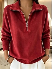  Camicia da donna in velluto a coste con cerniera - cerniera a un quarto, collo alto, maniche lunghe, casual, pullover autunnale