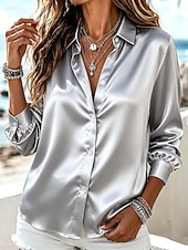  Mulheres Camisa Social Elegant Top de cetim Blusa Franzido Botões Com Pregas Côr Sólida Tecido Elegante Vintage senhoras Manga Longa Colarinho de Camisa Tops regulares Diário Trabalho Feriado Prata