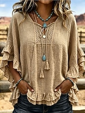  Damenbluse im Boho-Stil mit Rüschen, einfarbig, für Urlaub, halblange Ärmel, V-Ausschnitt, normale Passform, lässig, weiß, gelb, hellblau, khaki, smaragdgrün, Sommer/Herbst