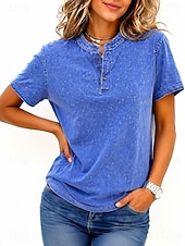cheap Plain tee-SoftFade™ Women's 100% Cotton Henley Shirt Vintage Fashion Stylish Short Sleeve Regular Tops Casual Beach Blue Khaki Black Purple Orange Spring
