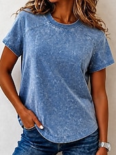  Mulheres Blusa Textura Patchwork Vintage Moda Punk Ocidental Manga Curta Gola Redonda Tops regulares Casual Azul Verão Primavera