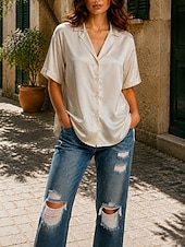  Women's Satin Top Satin Blouse Solid Color Plain Daily Work Short Sleeve Shirt Collar Long Tops Casual White Black Champagne Dark Green Summer Fall