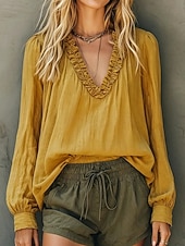  Per donna Blusa Arricciato Semplice Elegante Casual Manica Lunga Scollo a V Top Regolari Casuale Quotidiano Blu Bianco Giallo Rosa Estate Primavera