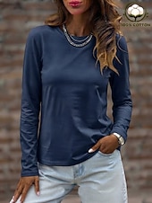  Mulheres 100% Algodão Camiseta Camisetas Côr Sólida Clássico Casual Manga Longa Gola Redonda Tops regulares Casual Diário Azul Branco Preto Rosa Cinza Claro Primavera Primavera / Outono / Inverno