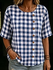  Blusa feminina azul e branca xadrez vichy, gola redonda, botões assimétricos, manga curta, modelagem solta, respirável, estilo casual de verão.