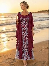  Linha A Até o Tornozelo Vestido de renda Vestido Para Mãe dos Noivos Manga Longa Scoop pescoço Elegante Vintage Formal Convidado do casamento Festa de Casamento Chiffon Renda com Fru-Fru Bordado