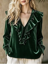  Vintage fluwelen damesblouse - elegante top met ruches, V-hals en lange mouwen.
