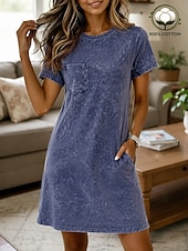 voordelige Witte jurk-Dames Knielengte jurk Gewassen jurk Basic Klassiek Dagelijks Weekend Normale pasvorm Effen Korte mouw Strakke ronde hals blauw Rode roos Zomer Lente