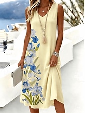  Women's Midi Dress Sundress A Line Dress Off The Shoulder Dress Vacation Beach Holiday Regular Fit Floral Graphic Sleeveless V Neck Blue Yellow Purple Summer Spring